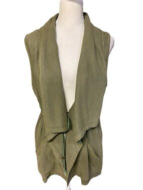 LAJU Ladies Olive Green Draped Waterfall Open Front Utility Vest Size L Casual